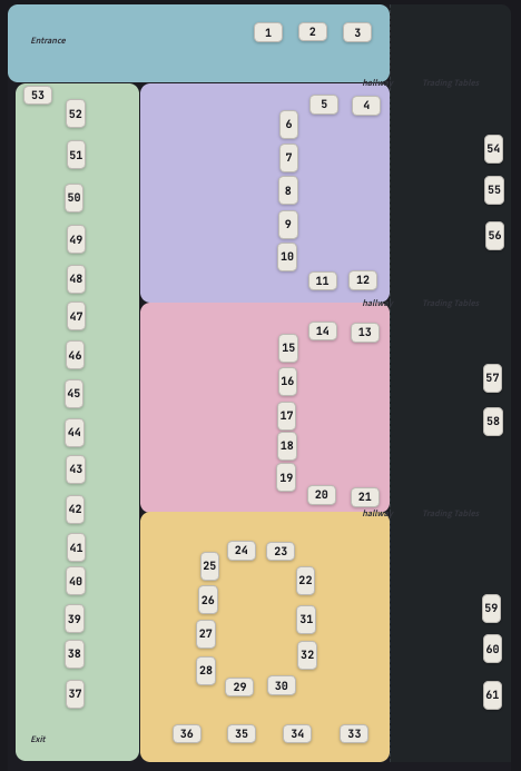 The Secret Card Show floor plan — table layout and numbering